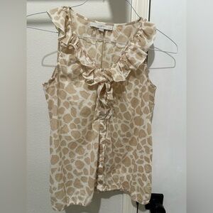 LOFT Petite SP Giraffe Animal Print Ruffle Neck Sleeveless Blouse Tan Cream